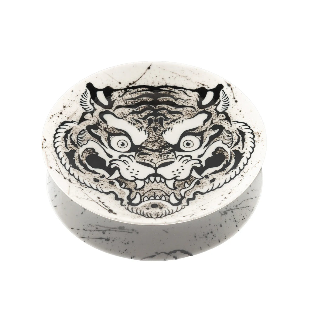 Chinese Tiger Porcelain Round Plate - Black