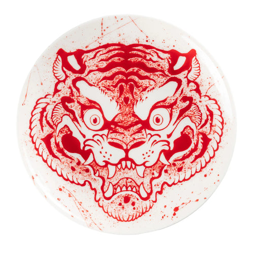 Chinese Tiger Porcelain Round Plate - Red